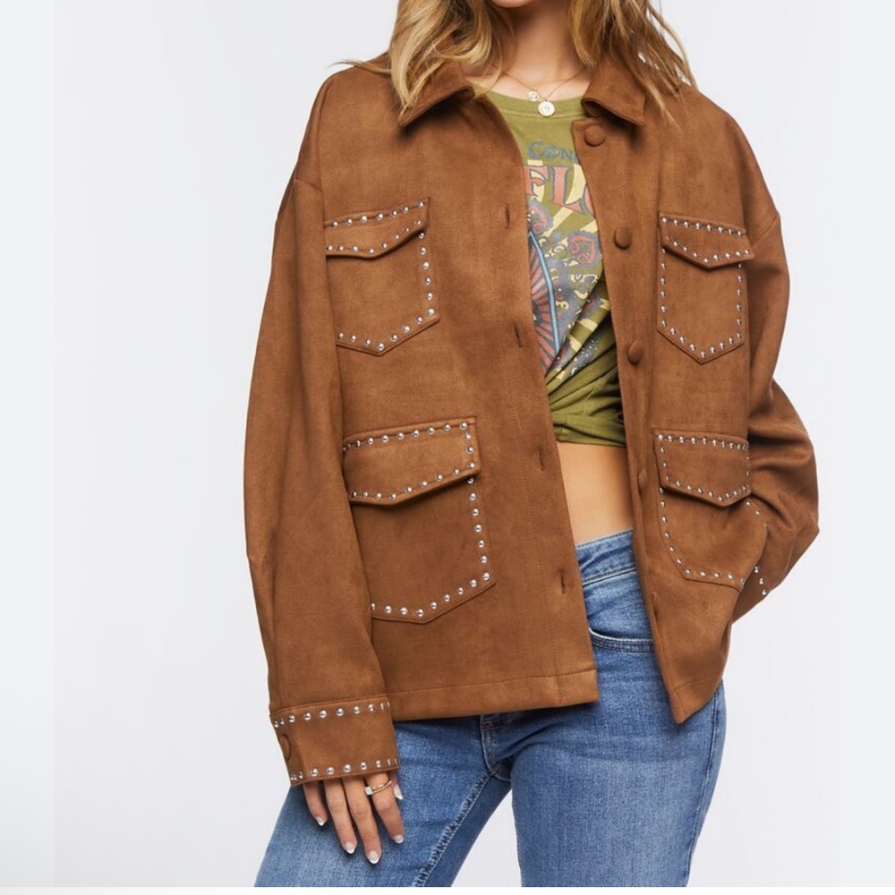 Forever 21 Faux Suede Studded Shacket Jacket Brown Size M NWO